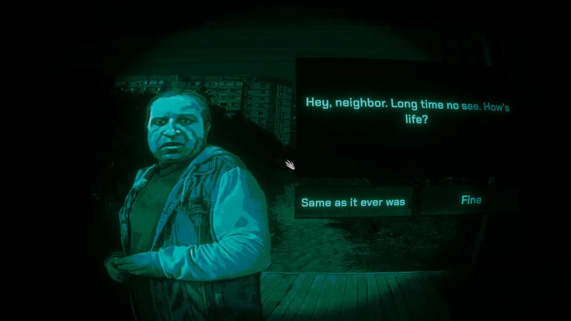 A guest speaks through the reinforced peephole in No, I'm not a Human.