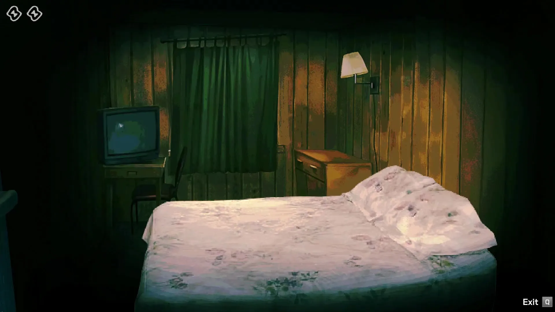 The player studies a bulletin board of clues and news reports inside the apartment.