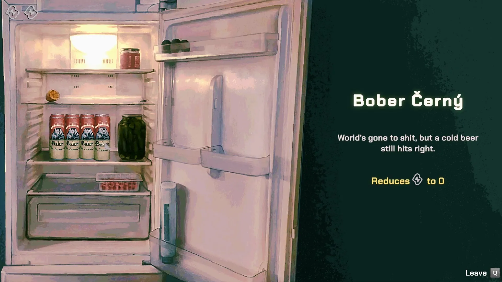 A suspicious visitor peers through the doorway while rain lashes the street outside.