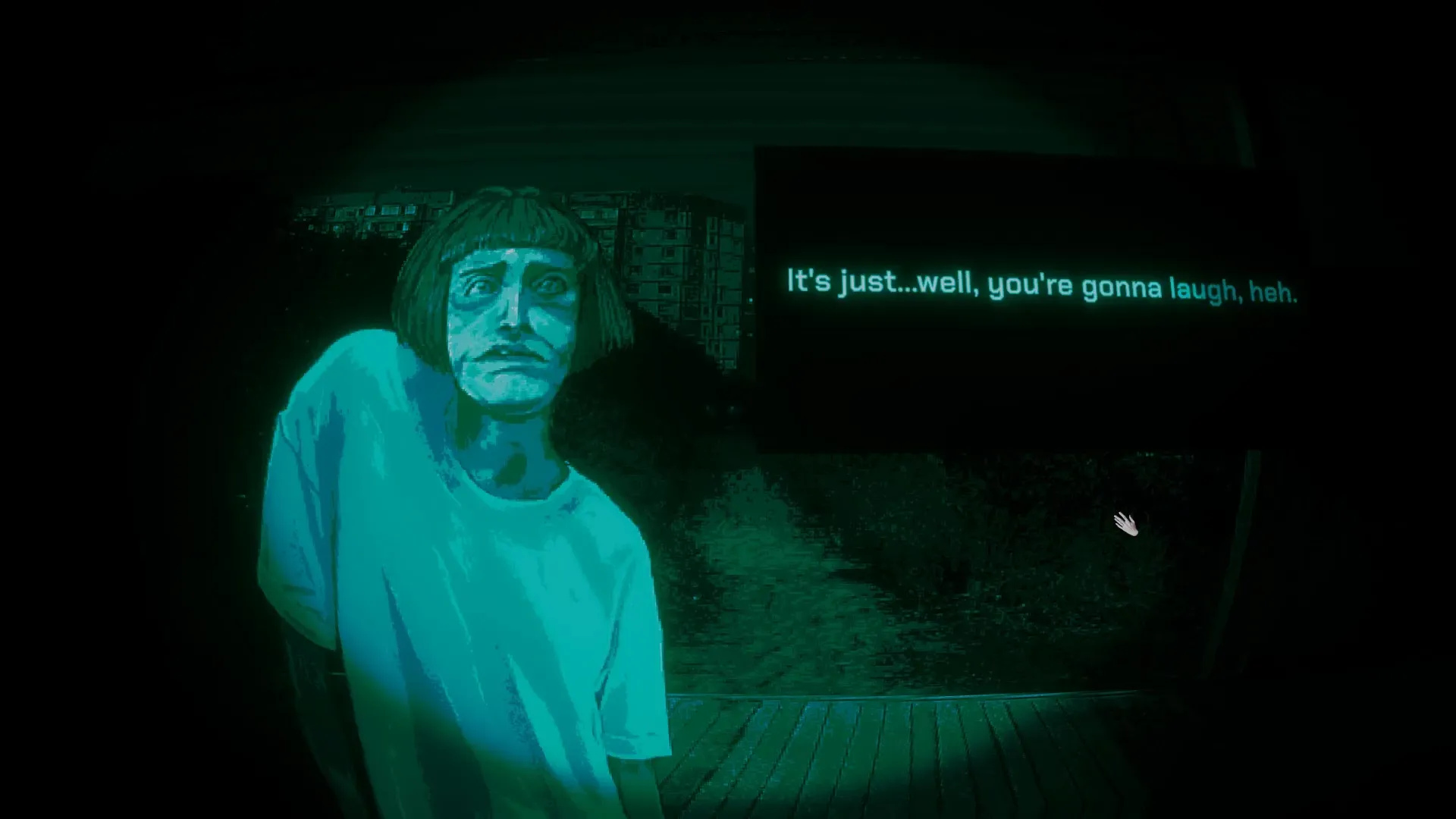 The in-game camera interface highlights aura photography options for a nervous guest.